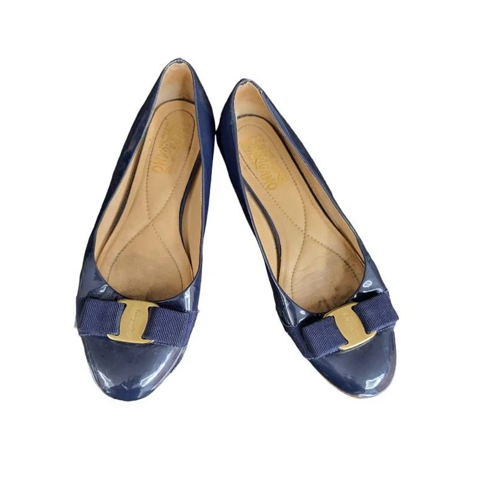 Salvatore Ferragamo Womens Varina Oxford Flat Shoes Blue Patent Leather Bow 7